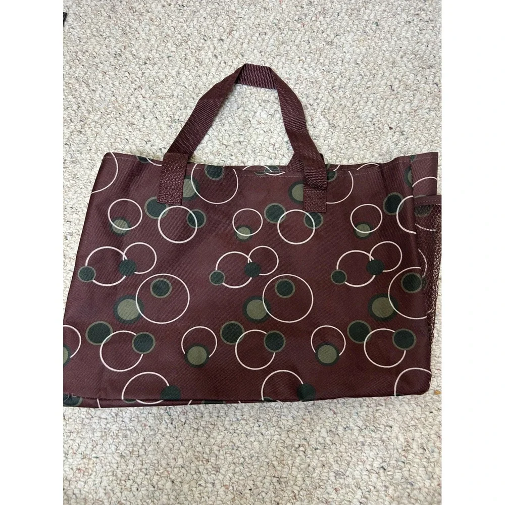 Burgundy Geometric Circle Print Utility Tote Bag with Mesh Pockets Organizer